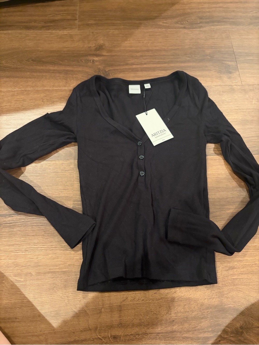 Aritzia Black Long-Sleeve Ribbed Button Henley